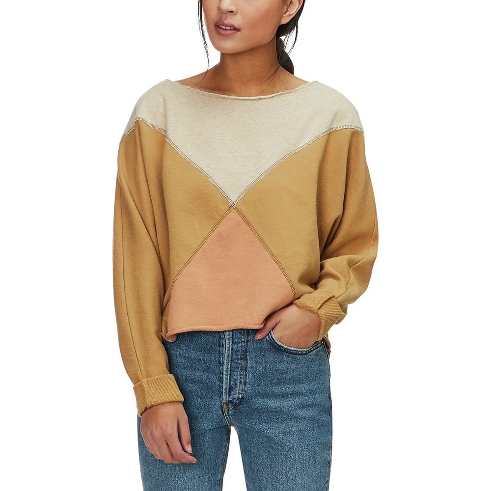 Free People Montauk Pullover Boho Tan Mustard Orange Sweatshirt Raw Hem Size M